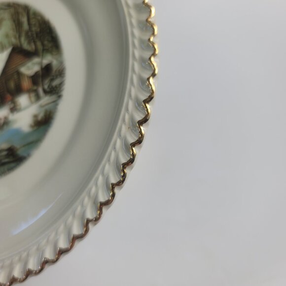 TWO Harker Pottery Currier and Ives Bread Plates Wilderness Feeding the Chickens - Picture 12 of 14